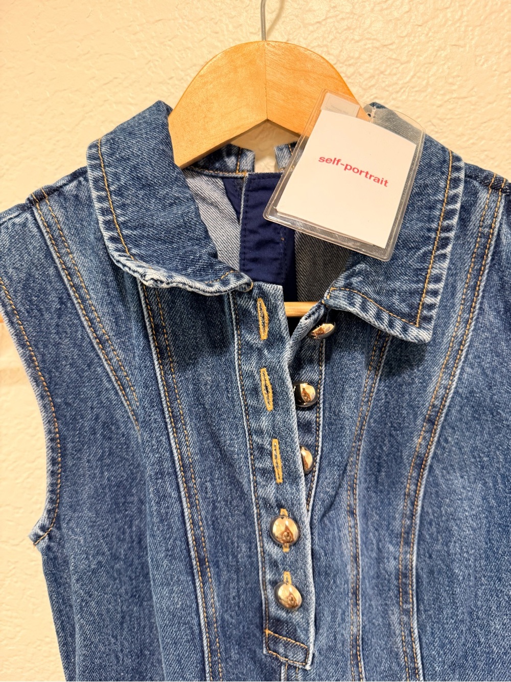 Self-Portrait Denim Broderie Mini Dress NWT Size 0 Blue Eyelet - Picture 4 of 6